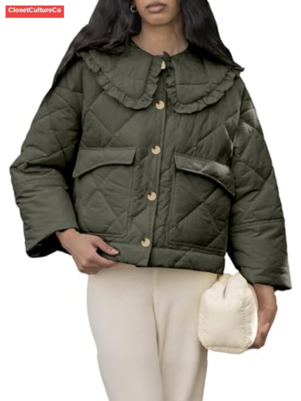 Women's Cropped Quilted Puffer Jacket Frilly Peter Pan Collar Winter Coat